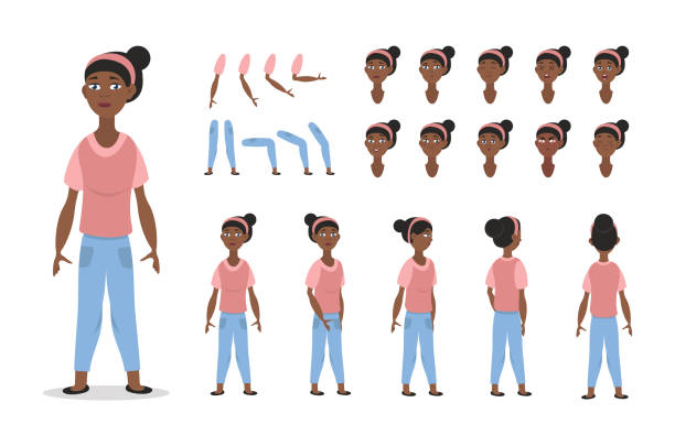 ilustrações, clipart, desenhos animados e ícones de modelo afro-americana de personagem de animação para animação com várias visões, poses, gestos, penteados e emoções. - sheet