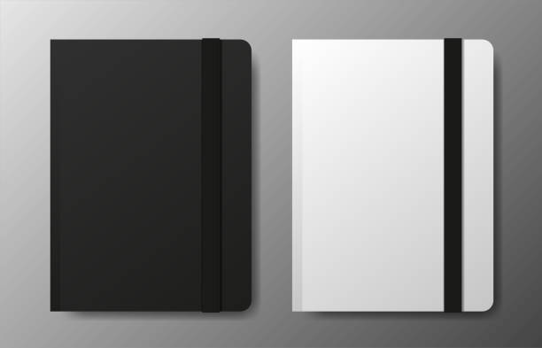 Realistic blank black and white copybook template with elastic band and bookmark on gray background. Notebook Vector Realistic blank black and white copybook template with elastic band and bookmark on gray background. Notebook Vector illustration. moleskin stock illustrations
