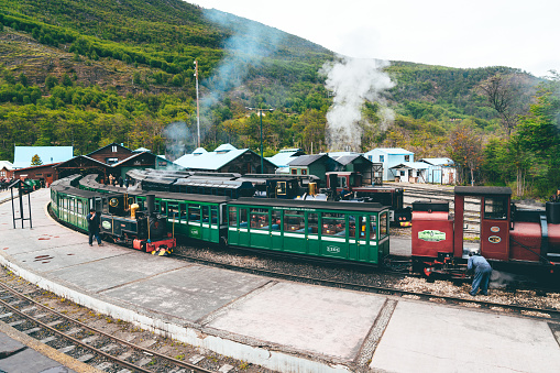 Ushuaia, Argentina- November 15, 2019: Ushuaia train of the end of the world. Ferrocarril Austral Fueguino (FCAF), the southernmost functioning railway in the world, also known as the 'El Tren del Fin del Mundo' in Ushuaia - Argentina