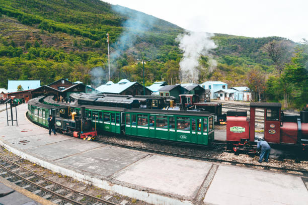 Train of the end of the world Ushuaia, Argentina- November 15, 2019: Ushuaia train of the end of the world. Ferrocarril Austral Fueguino (FCAF), the southernmost functioning railway in the world, also known as the 'El Tren del Fin del Mundo' in Ushuaia - Argentina tierra del fuego national territory stock pictures, royalty-free photos & images