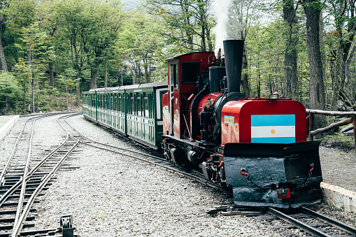 Ushuaia, Argentina- November 15, 2019: Ushuaia train of the end of the world. Ferrocarril Austral Fueguino (FCAF), the southernmost functioning railway in the world, also known as the 'El Tren del Fin del Mundo' in Ushuaia - Argentina