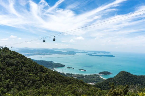 マレーシア・ランカウイ島の山中のケーブルカーとのパノラマ - tropical rainforest elevated walkway pulau langkawi malaysia ストックフォトと画像