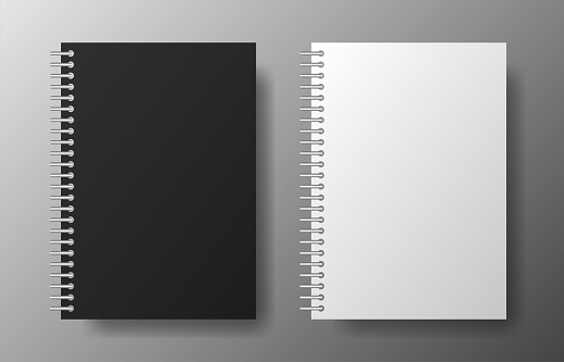 Realistic blank black and white copybook of spiral on gray background. Notebook Vector illustration.