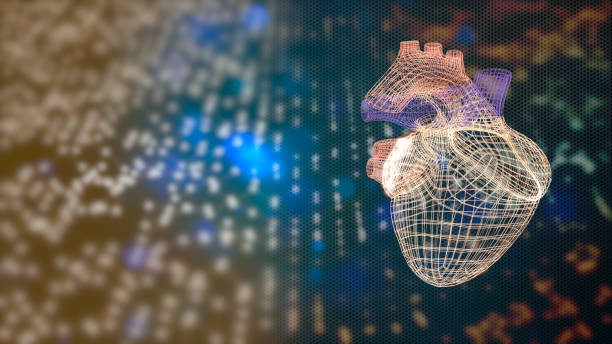 istock Heart attack concept. Abstract grid style heart pumping blood actively on dark space particles background with copyspace for text. 1211637593