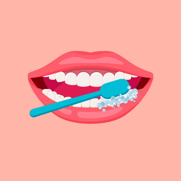 stockillustraties, clipart, cartoons en iconen met open mond met blauwe tandenborstel. - tandenpoetsen vrouw