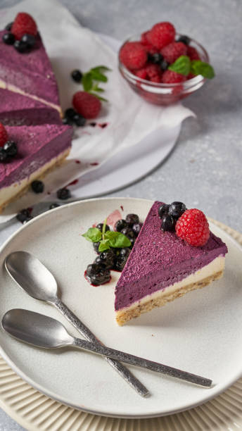 istock raw vegan double-layer cake with black currant on a light gray background under a concrete texture. Healthy eating, delicious dessert without baking 1211639984