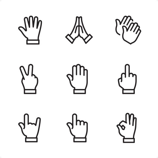 ilustrações, clipart, desenhos animados e ícones de gestos manuais - ícones de linha única - two fingers