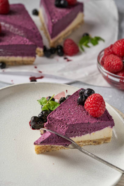 istock raw vegan double-layer cake with black currant on a light gray background under a concrete texture. Healthy eating, delicious dessert without baking 1211641352