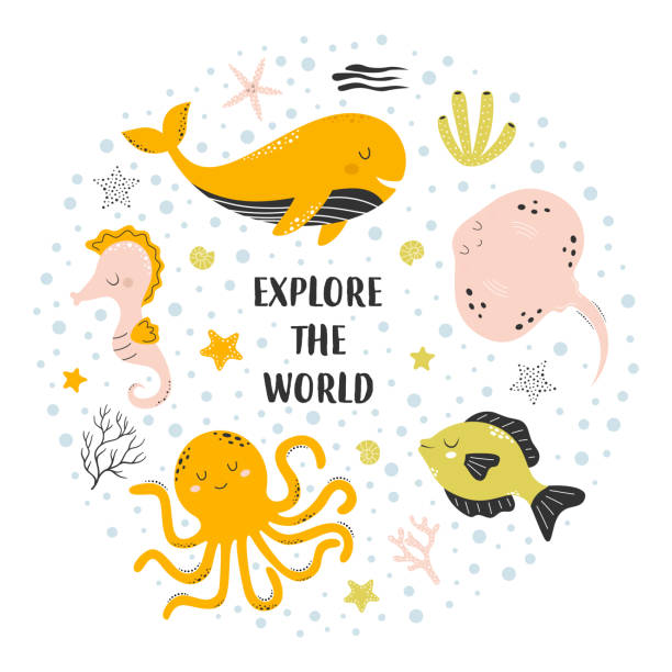 cute card with sea animals on white, explore the world card with cute fish, whale, octopus, stingrey, seahorse, starfishes, coral and lettering explore the world in scandinavian style on white background, cute baby animals underwater exploration stock illustrations