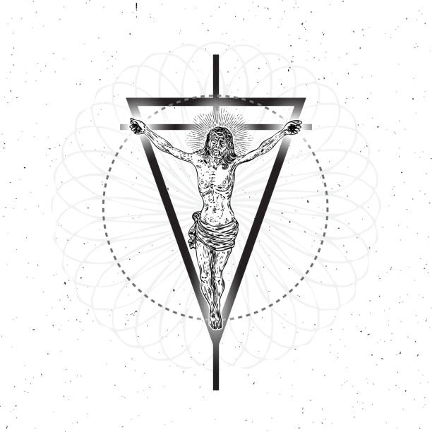 istock Jesus Christ crucifixion in the space on sacred geometric cross, triangle and circles mandalas. Flash body tattoo. Symbol of Christianity prayer and religion. Concept spiritual and sacred holy. Prophet in star space. Vector. 1211649073