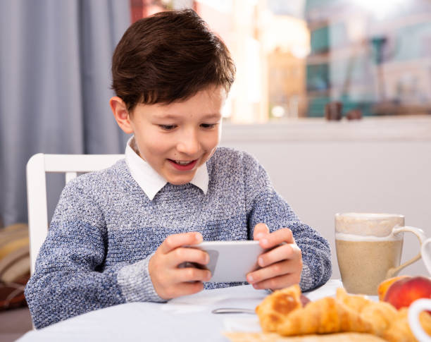 istock Preteen boy using phone at home table in kitchen alone 1211650465