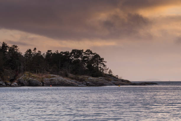 istock Foggy orange sky over Oslofjord on a March day 1211651017