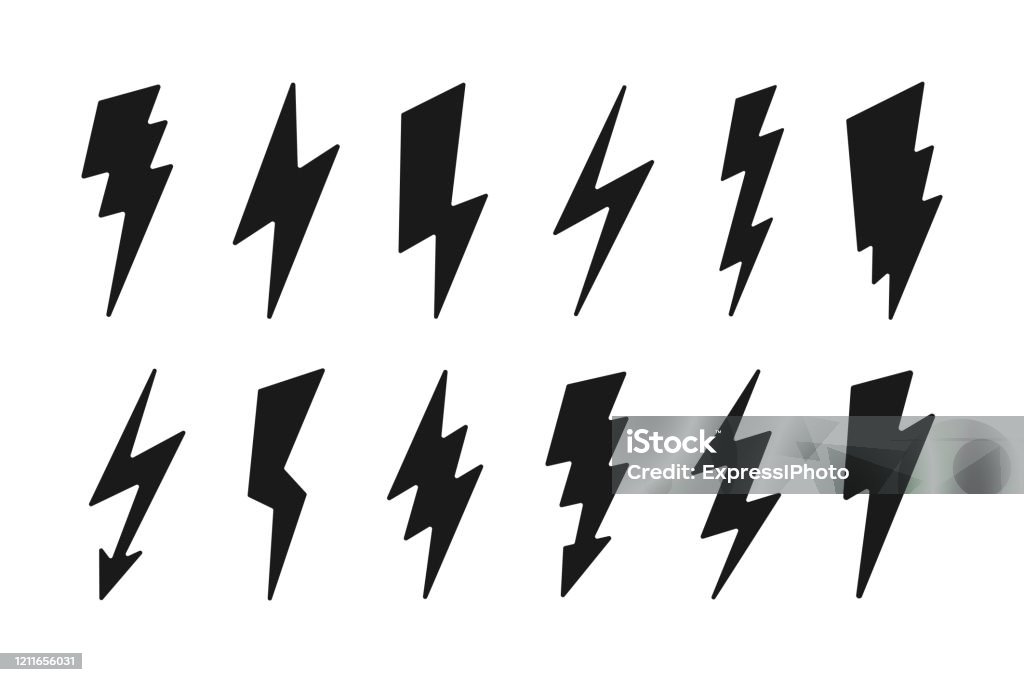 Lightning-Symbol-Set - Cartoon-Design. Vektor-Thunderbolt-Symbole. Einfache Blitzzeichen - Lizenzfrei Gewitterblitz Vektorgrafik