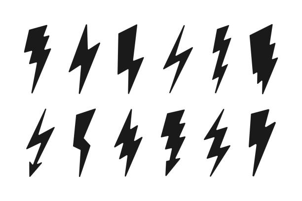illustrazioni stock, clip art, cartoni animati e icone di tendenza di set di icone lightning - design dei cartoni animati. simboli di fulmine vettoriale. semplici segnali flash - bolt