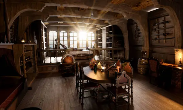 Captains cabin below deck on a pirate sailing ship, 3d render recreation