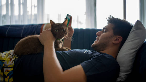 istock Domestic life men whit  cat 1211659365