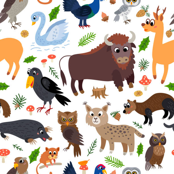 Wild Europe animals seamless pattern in flat style Wild Europe animals seamless pattern. European cute drawing animal in flat style isolated on white. Including mole, bison, capercaillie, lanner Falcon, scops owl, roe deer, raven, lynx, wildcat tetrao urogallus stock illustrations