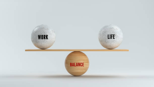 spheres forming scale with the words work, life and balance - 3d rendered illustration - teaching advice education single word imagens e fotografias de stock