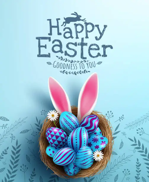 Vector illustration of Easter poster and banner template with Easter eggs in the nest on light blue background.Greetings and presents for Easter Day in flat lay styling.Promotion and shopping template for Easter