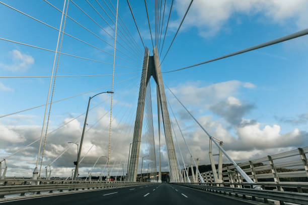 istock Cable-stayed bridge, view of suspension cables. 1211693352