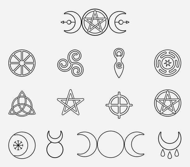 illustrazioni stock, clip art, cartoni animati e icone di tendenza di collezione di simboli magici wiccan e pagani: pentagramma, luna tripla, dio cornuta, triskelion, croce solare, spirale, ruota dell'anno. illustrazione vettoriale monocromatica, isolata su sfondo bianco - equipment group of objects space moon