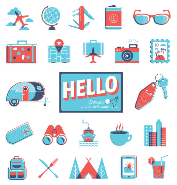 Overprint Graphics - Travel A collection of icons and graphics representing travel in a vintage overprint style. motel stock illustrations