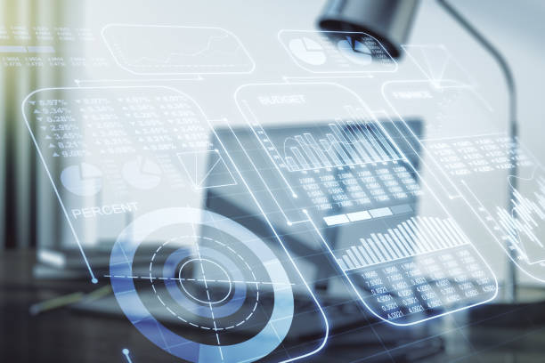 istock Double exposure of abstract creative statistics data hologram on laptop background, statistics and analytics concept 1211700809