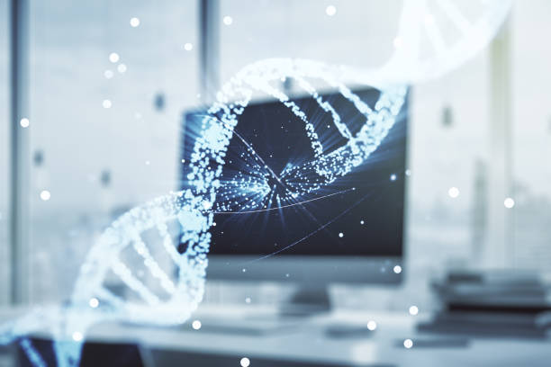 istock Double exposure of creative DNA hologram on laptop background. Bio Engineering and DNA Research concept 1211700821