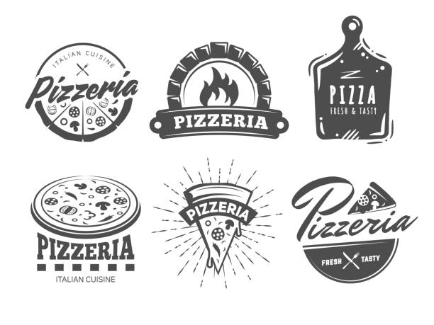 Vector pizza logos Pizzeria logos. Set of vector badges with pizza, full and slices. Labels for trattoria, pizzeria, Italian cuisine restaurant of cafe. pizza stock illustrations