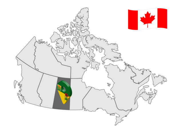 ilustraciones, imágenes clip art, dibujos animados e iconos de stock de ubicación de saskatchewan en el mapa canadá. 3d saskatchewan señal de ubicación. bandera de la provincia de saskatchewan. mapa de calidad de canadá. vector de stock. eps10. - saskatchewan province canada flag