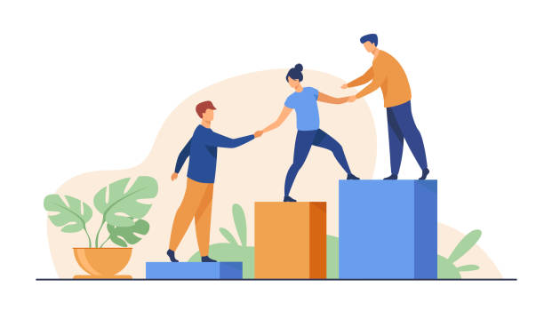 Employees giving hands and helping colleagues to walk upstairs Employees giving hands and helping colleagues to walk upstairs. Team giving support, growing together. Vector illustration for teamwork, mentorship, cooperation concept assistance illustrations stock illustrations