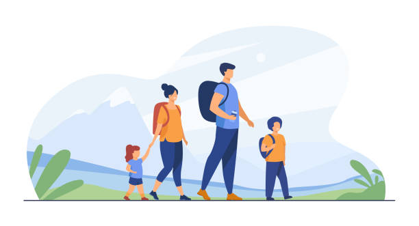 Happy active family walking outdoors Happy active family walking outdoors. Couple of tourists with children hiking, carrying camping backpacks. Vector illustration for holiday, mountain trekking, activity, lifestyle concept happy family stock illustrations