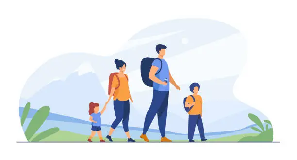 Vector illustration of Happy active family walking outdoors