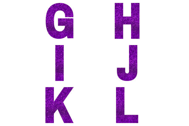 violet font alphabet g, h, i, j, k, l made of violet sparkle background. - diamond letter h alphabet text imagens e fotografias de stock