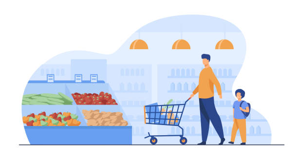 Father and son buying food in supermarket Father and son buying food in supermarket. Young man and boy wheeling shopping cart with food along aisles in grocery store. Vector illustration for market, retail, shoppers, customers concept supermarket illustrations stock illustrations
