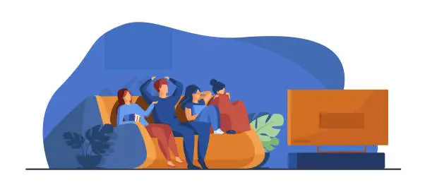Vector illustration of Friends watching horror movie