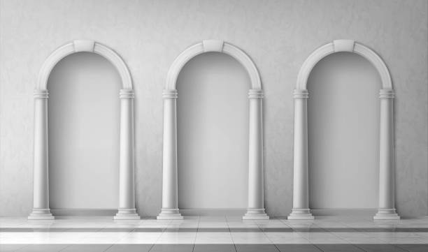 Arches with columns in wall, gates with pillars Arches with columns in wall, interior gates with white pillars in palace or castle, archway frames, portal entrance, antique alcove round doorway decoration element, Realistic 3d vector mock up alcove stock illustrations
