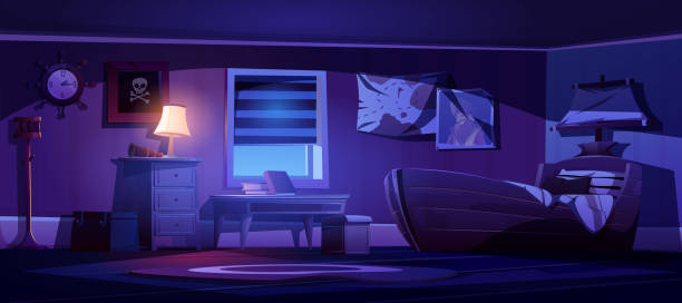istock Kids bedroom interior in pirate thematic at night 1211708413