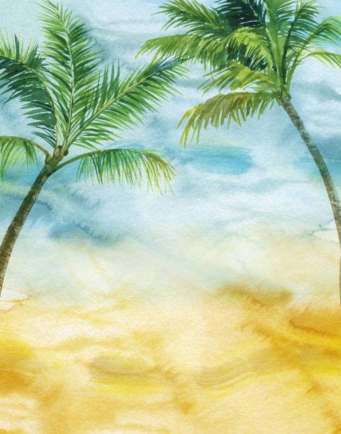istock finished image of two palm trees on a blue and yellow background, watercolor 1211708444