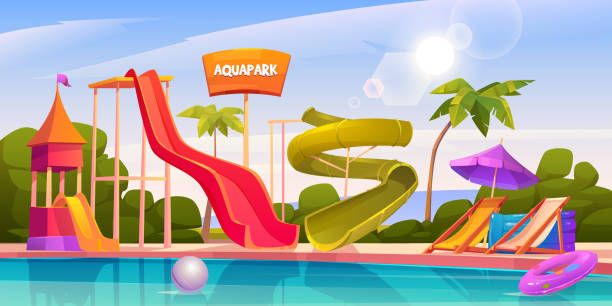 ilustraciones, imágenes clip art, dibujos animados e iconos de stock de parque acuático con toboganes de agua y piscina - park and ride