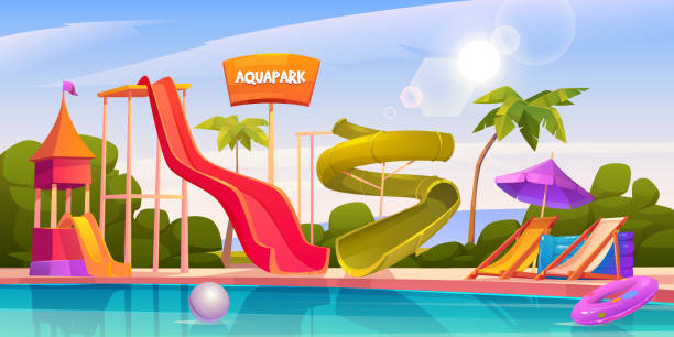 stockillustraties, clipart, cartoons en iconen met aquapark met glijbanen en zwembad - amusement park