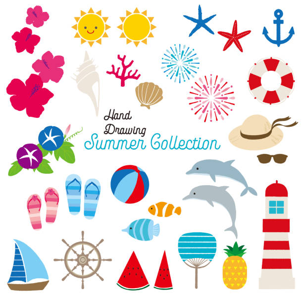 Hand drawn summer icon set Hand drawn summer icon set lighthouse drawings stock illustrations