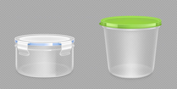 Round plastic food containers with clipping path Round plastic food containers with clipping path and latch lock lids. Storage for frozen products, lunchbox for meal, package isolated on transparent background, Realistic 3d vector mock up, clip art warehouse clipart stock illustrations