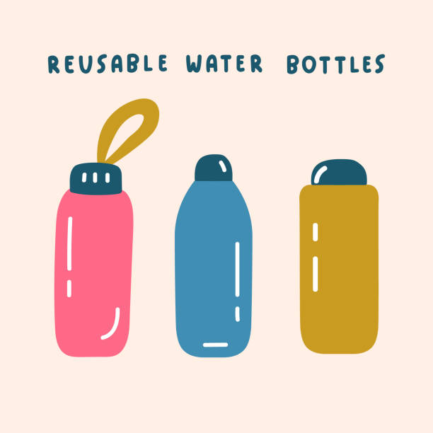 ilustraciones, imágenes clip art, dibujos animados e iconos de stock de tres botellas de agua reutilizables. concepto de cero residuos. - water bottle bottle steel stainless steel