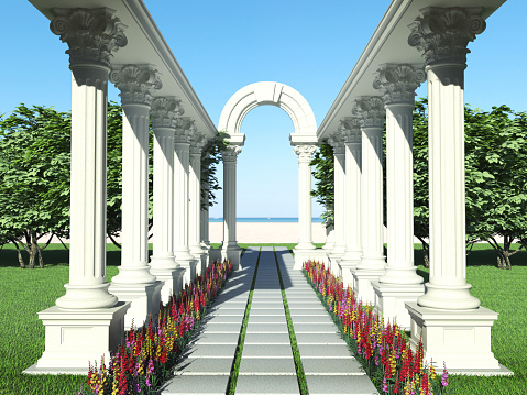 Garden design. Landscaping. Corridor of classic columns and paving slabs. 3d rendering.
