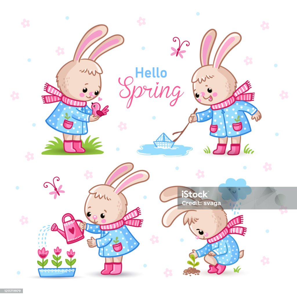 Spring Theme With Rabbits Vector Set With Cute Rabbits On A Spring Theme Illustration With ...