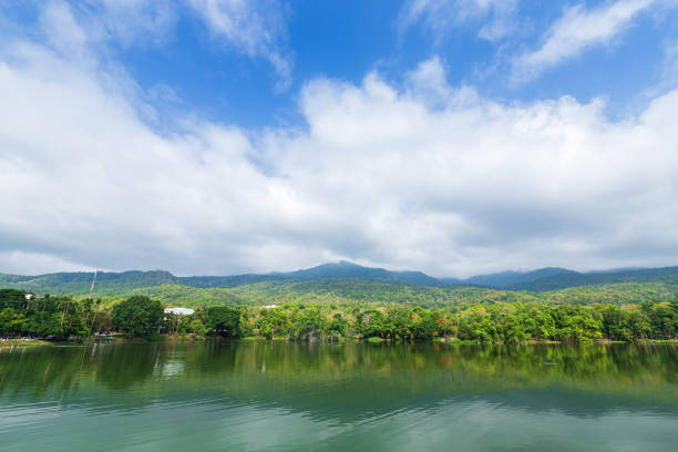 Mountain range forest with the reservoir blue sky background in Ang Kaew Chiang Mai University,Thailand.