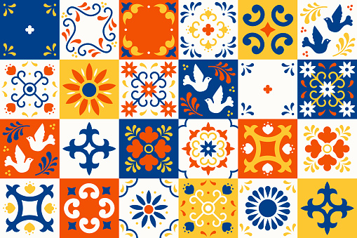Mexican talavera pattern. Ceramic tiles with flower, leaves and bird ornaments in traditional majolica style from Puebla. Mexico floral mosaic in classic blue and white. Folk art design