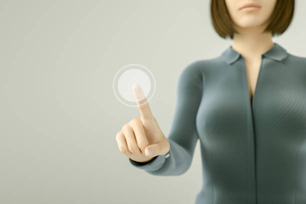 Business woman pressing button on touch screen 3d rendering of business woman pressing button on touch screen, gray background. bw01 stock pictures, royalty-free photos & images