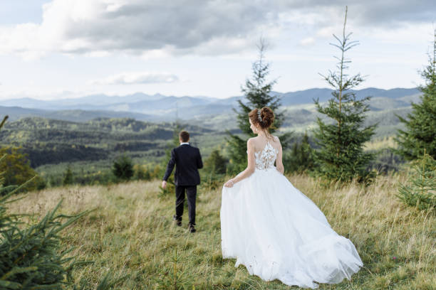 istock Beautiful bride and groom at the mountains 1211714322